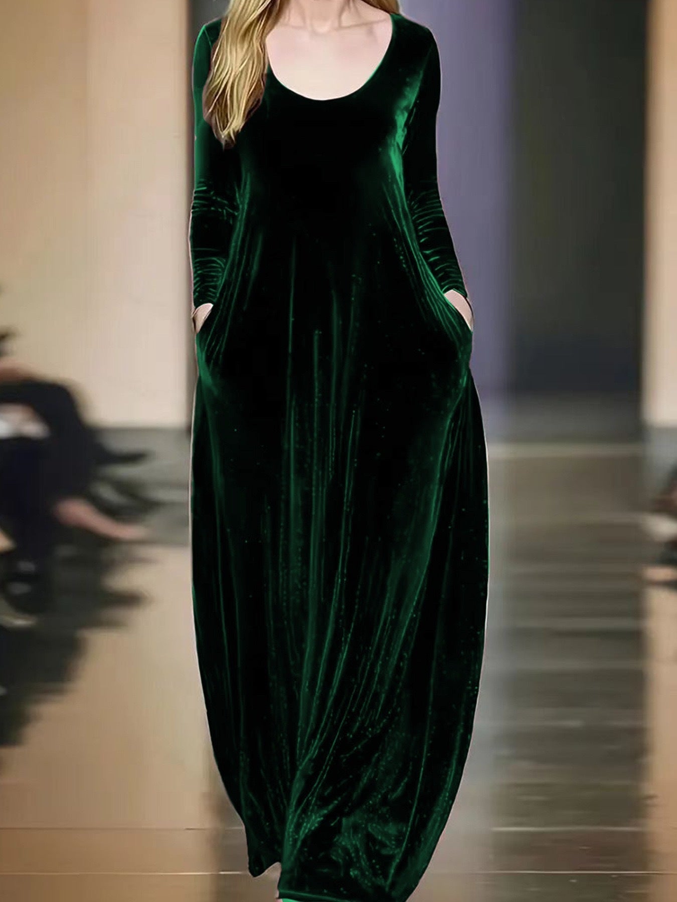 Autumn And Winter Gold Velvet Long Dress Round Neck