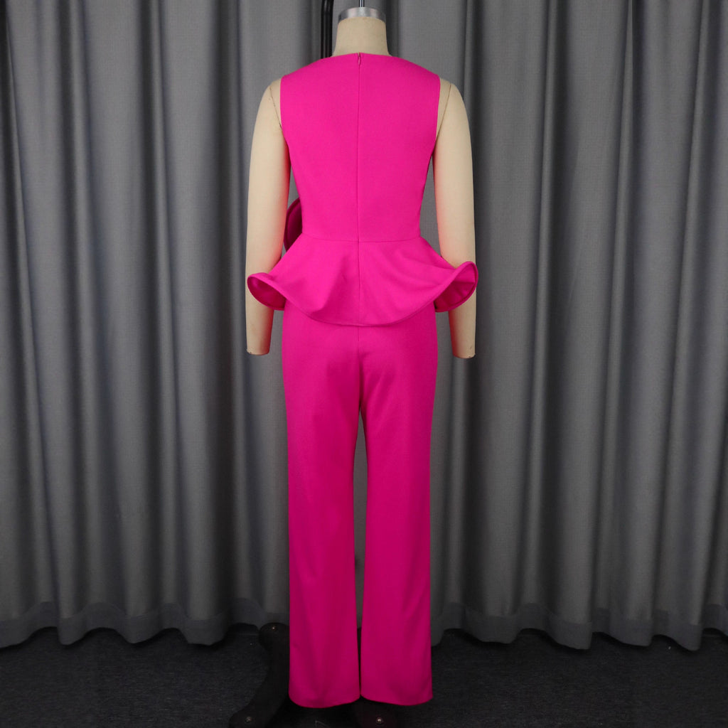 Three-dimensional Flower V-neck Sleeveless Top High Waist Fashion Straight-leg Pants