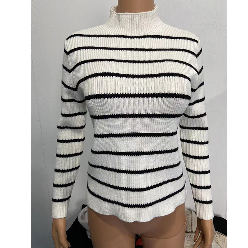 Fashion Long Sleeve Sunken Stripe Turtleneck Casual Slim Striped Sweater