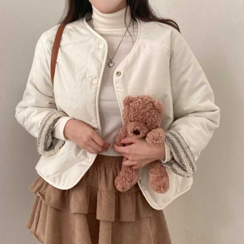 Autumn And Winter Wear Vintage Stripe Collarless Plush Contrast Color Long Sleeves Short Coat Protection