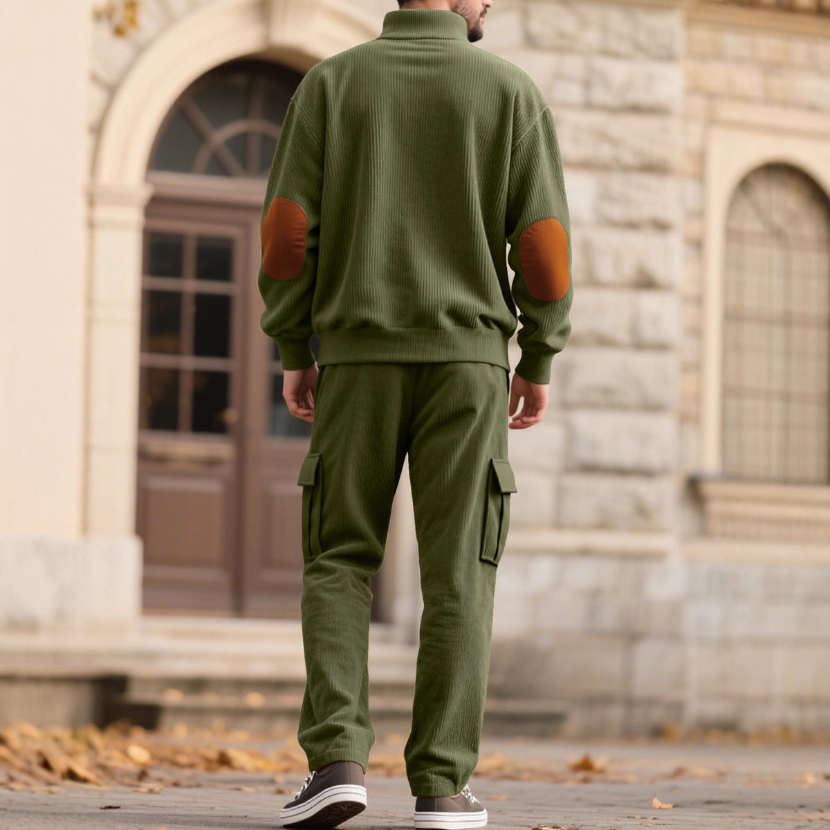Corduroy Sweatshirt And Sweatpants Stand Collar Access Front View