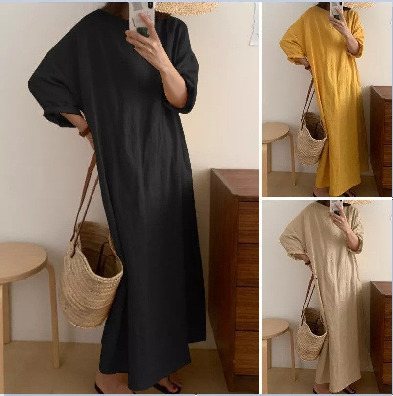 Artistic Casual Retro Round Neck Loose Large Size Long Dress