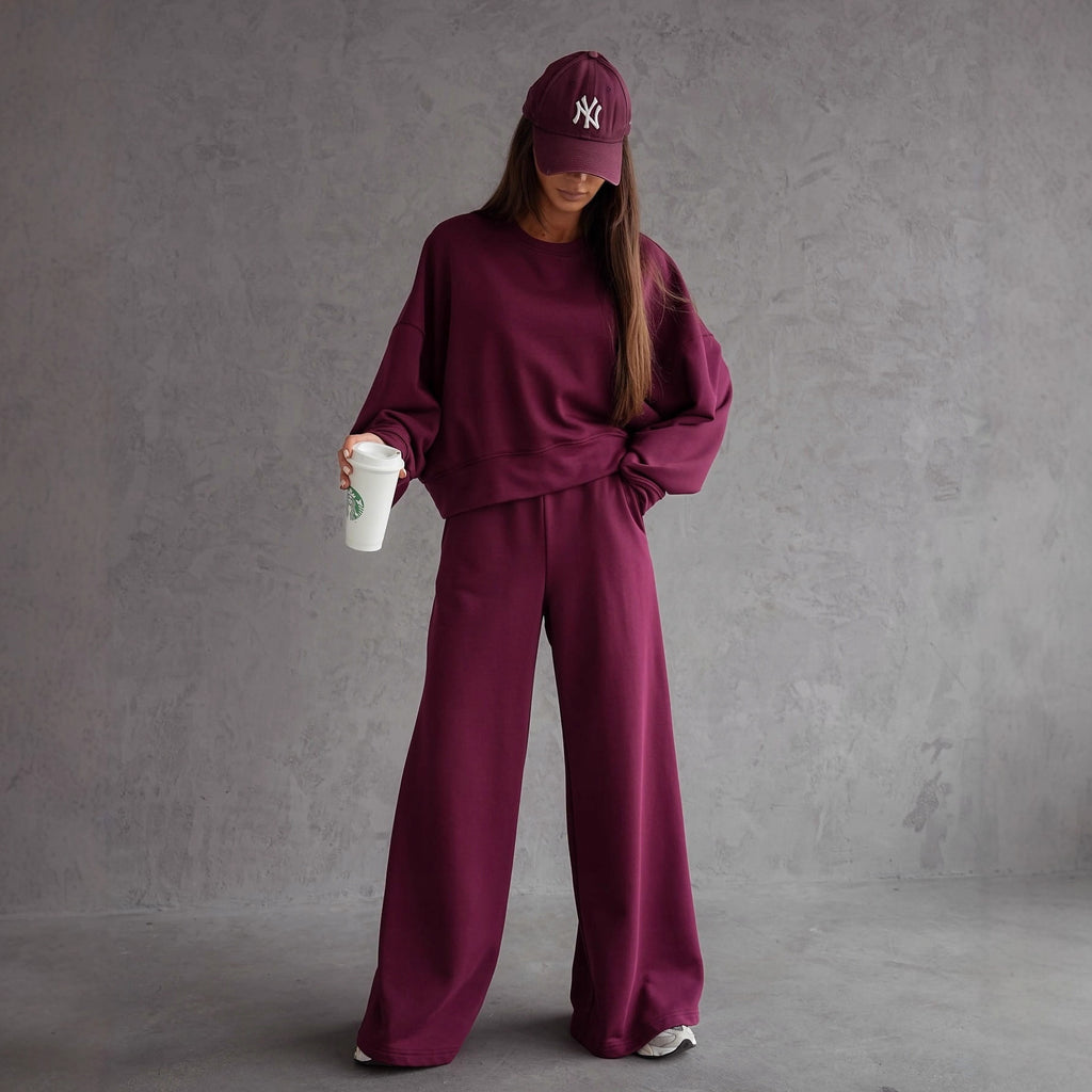 Autumn And Winter Round Neck Long Sleeve Wide Leg Pants back view
