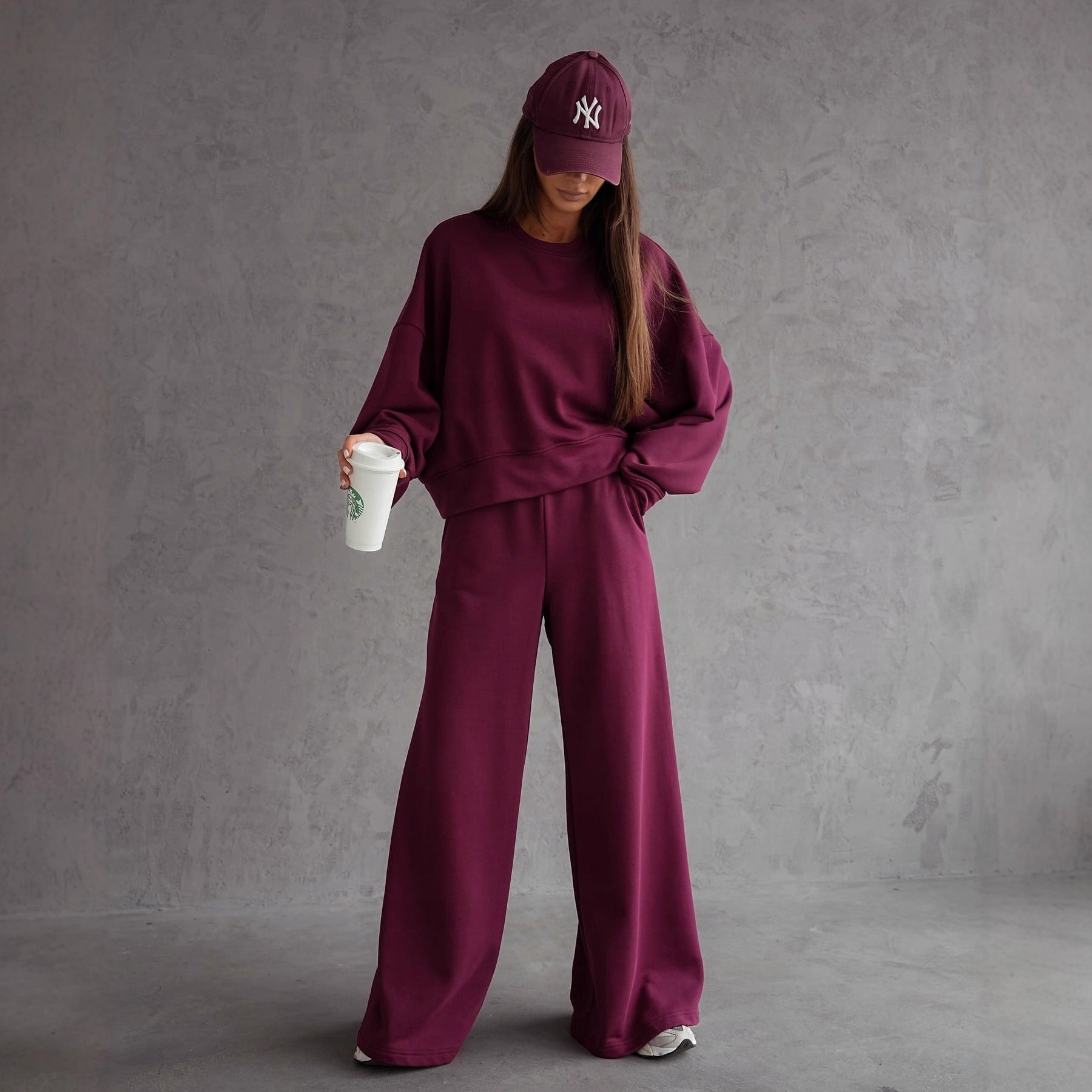 Autumn And Winter Round Neck Long Sleeve Wide Leg Pants back view