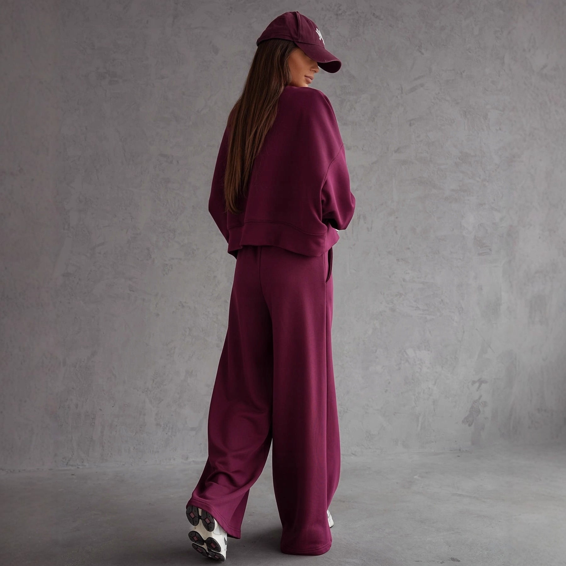 Autumn And Winter Round Neck Long Sleeve Wide Leg Pants back view