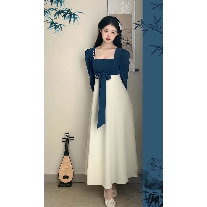 National Style New Chinese Style Spring And Autumn French Retro Elegant Slim Square Collar High Waist Skirt