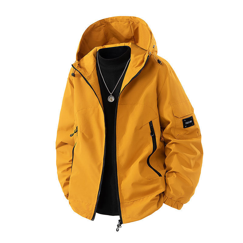 Brand Loose Cargo Windproof Jacket in vibrant yellow color, perfect for outdoor adventures and casual wear.