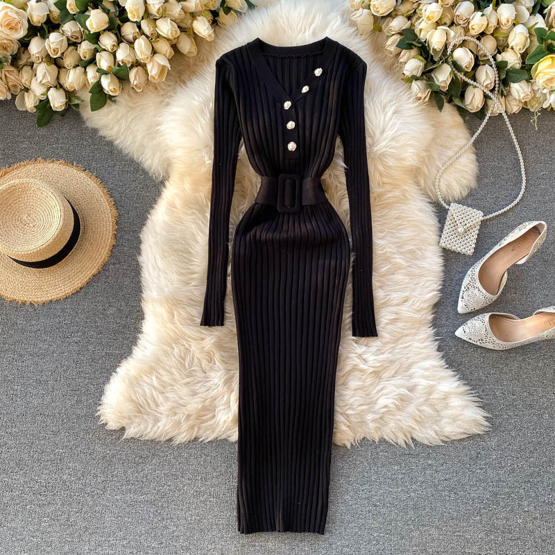 Autumn And Winter Design Sense Belt Waist Slimming Hollow Stripes Slim Fit Dress