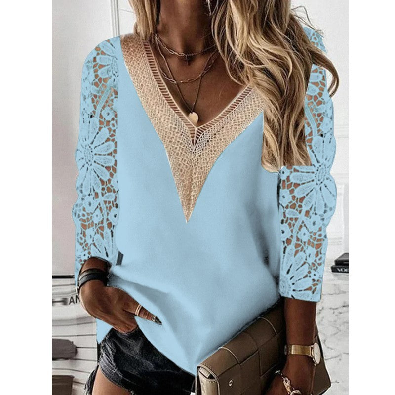 Commuter Nine-quarter Sleeve V-neck Stitching Hollow Lace Chiffon Shirt Pullover