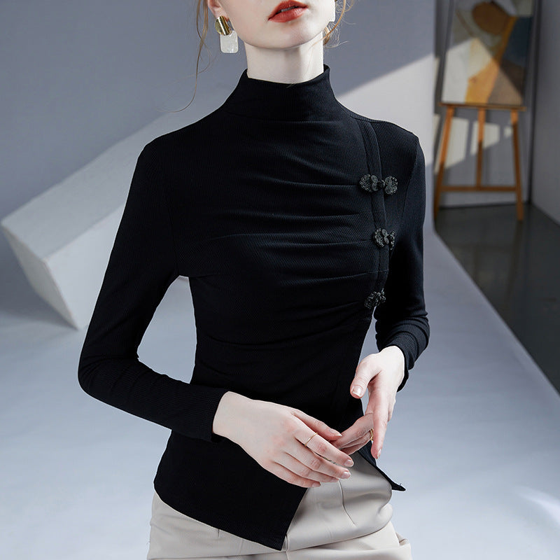 Autumn New Retro Frog Long Sleeve Small Shirt Temperament Split Pleated Inner Wear Outer Wear Women's Top