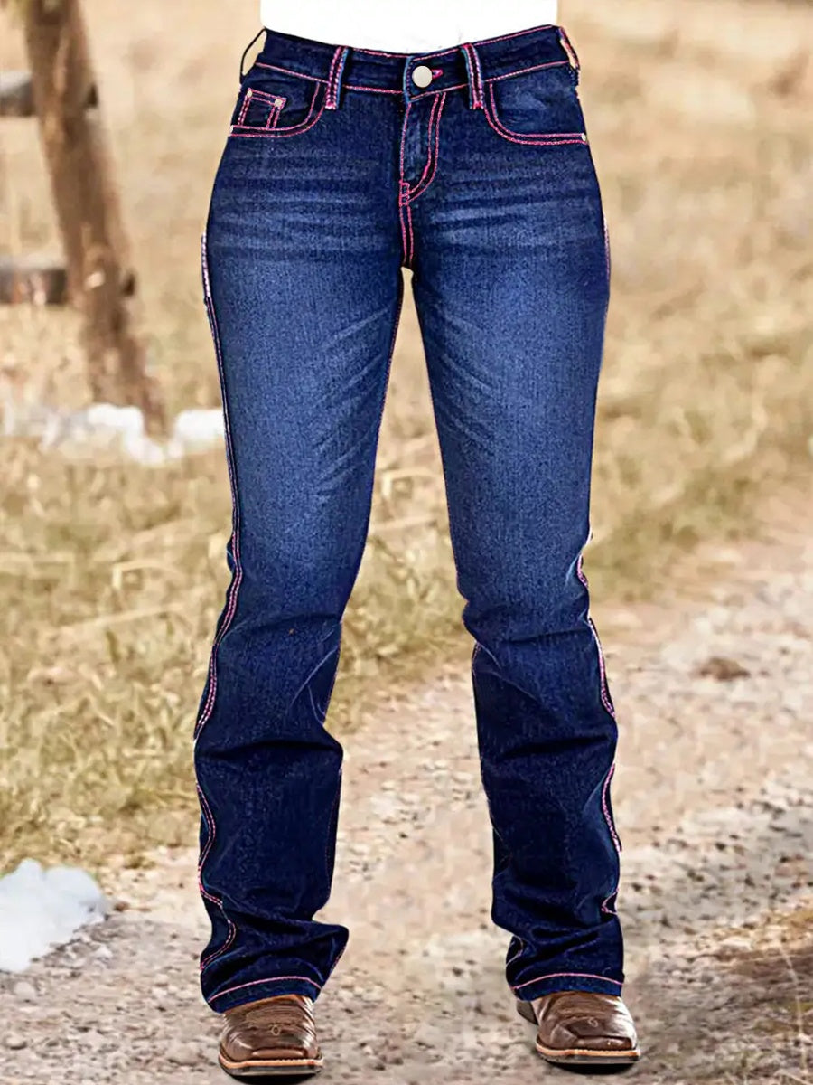 Women's Western Bootcut Jeans With Horse Embroidery, Mid-Rise Stretch Denim With Pink Contrast Stitching, Cowgirl Rodeo Style