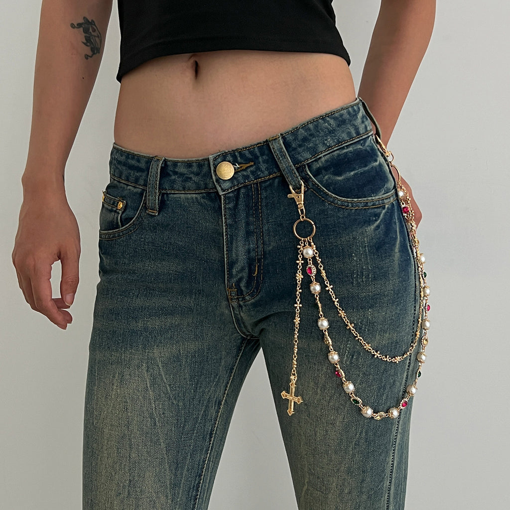 Punk Hip Hop Style Diamond Cross Phants Zipper Creative Color Waist Decorations