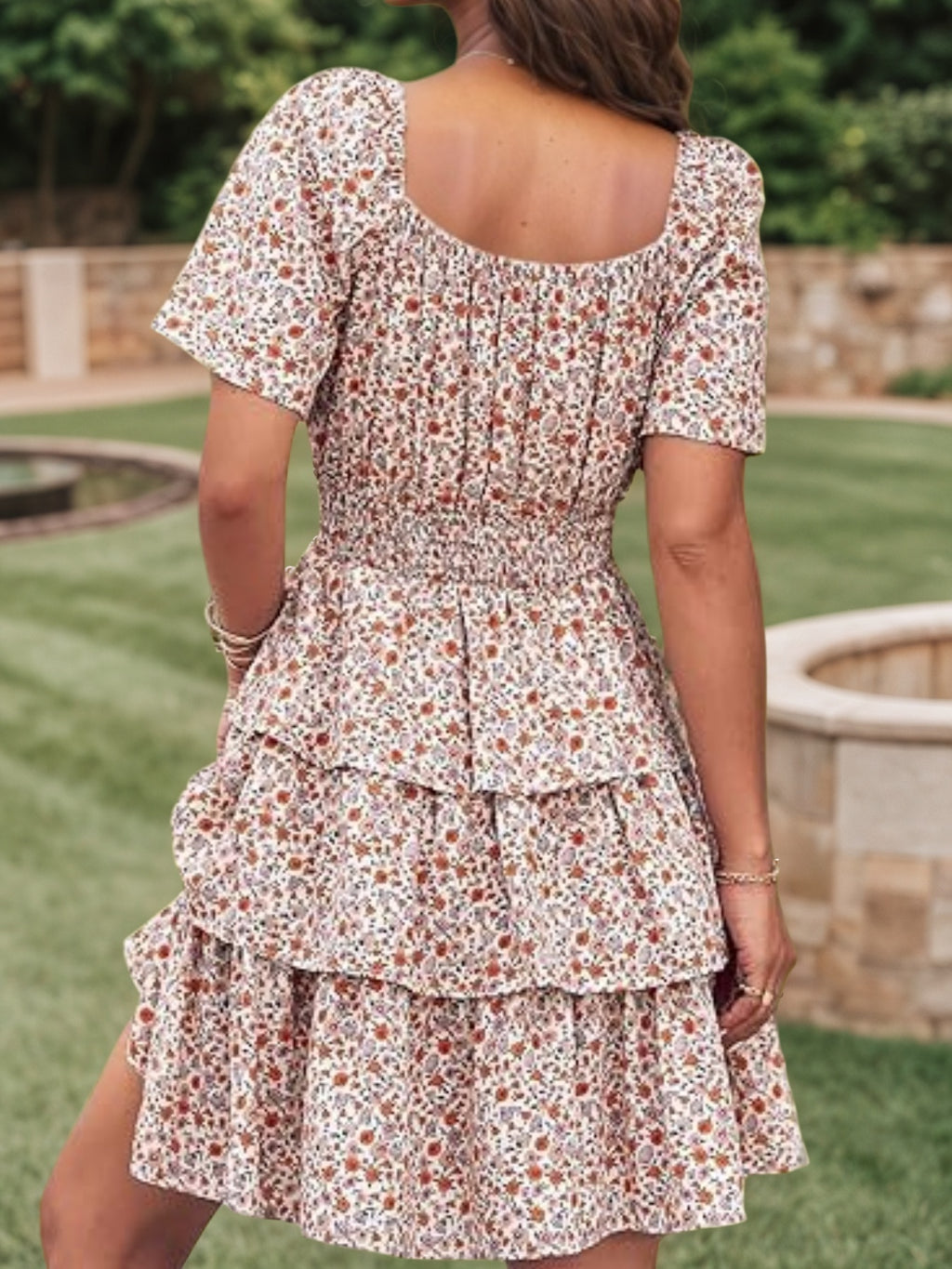 2025 Women's New Floral Summer Short Dress Square Neck Short Sleeve Layered Folded Bohemian Pendant Skirt