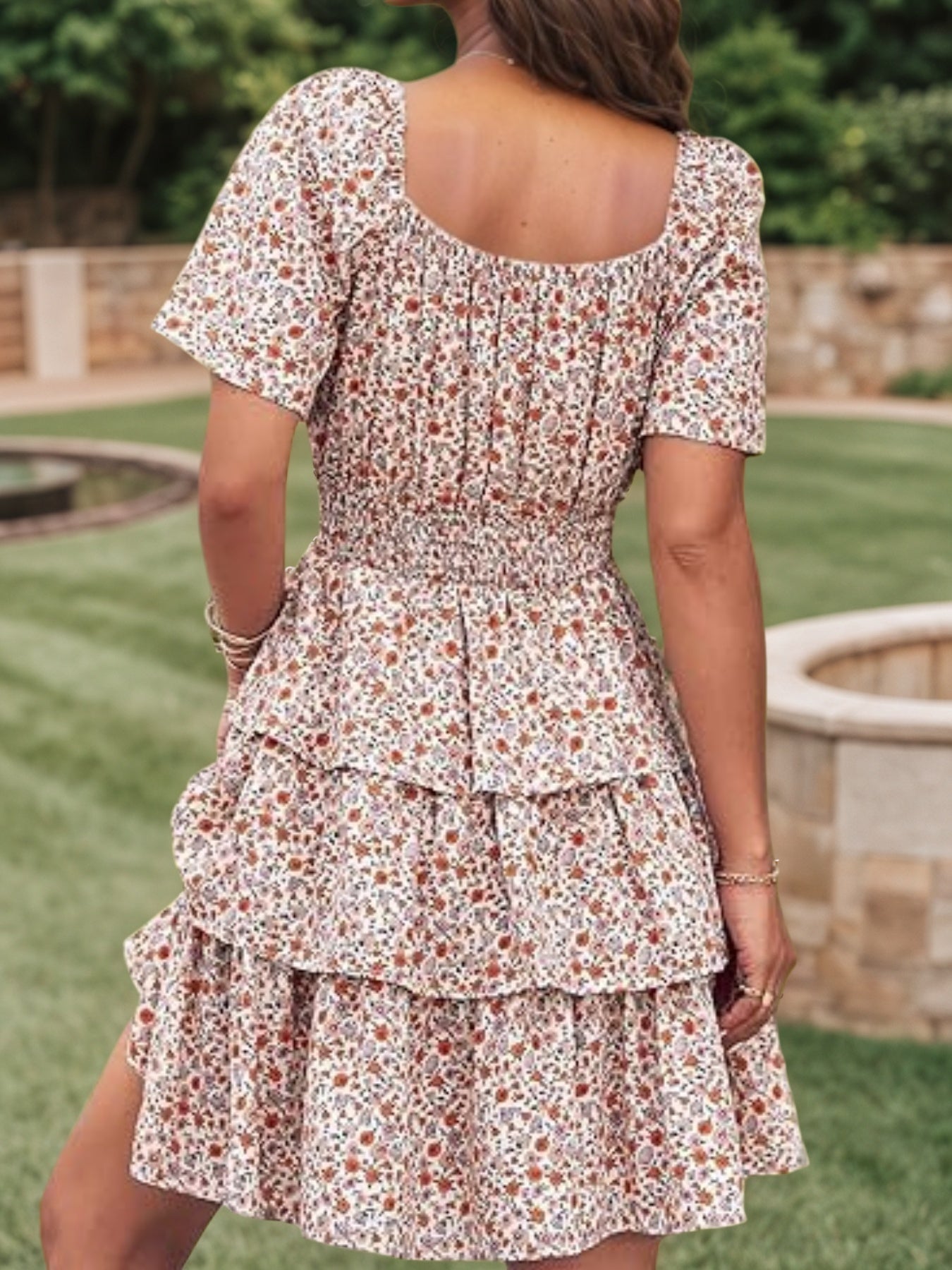 2025 Women's New Floral Summer Short Dress Square Neck Short Sleeve Layered Folded Bohemian Pendant Skirt