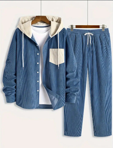 Men's Waffle Hooded Hoodie Trendy Two-piece Suit back view