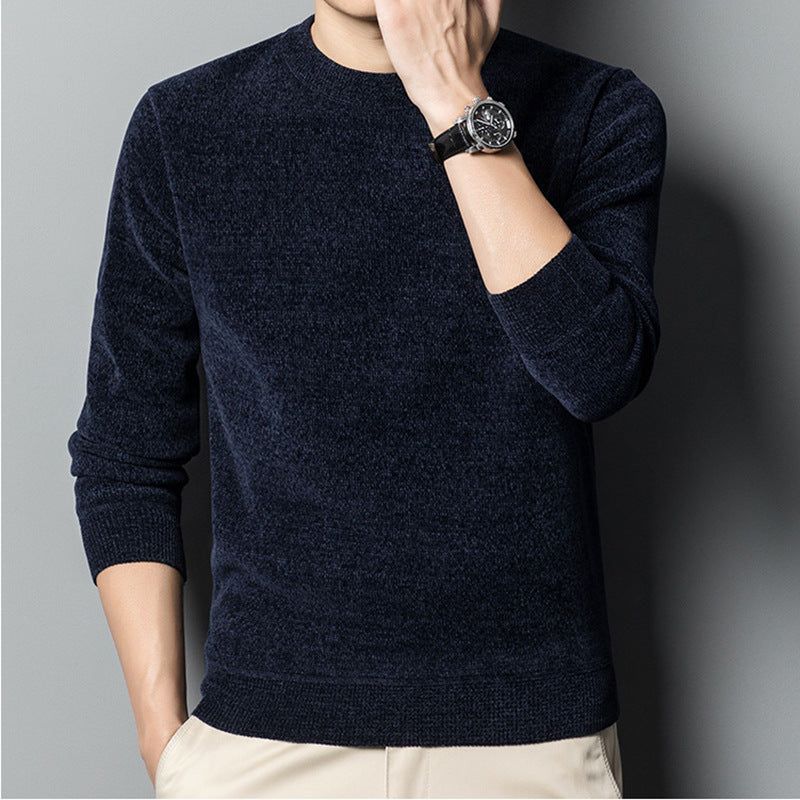 Fleece-Lined Keep Warm Pure Color Men's Sweater front view