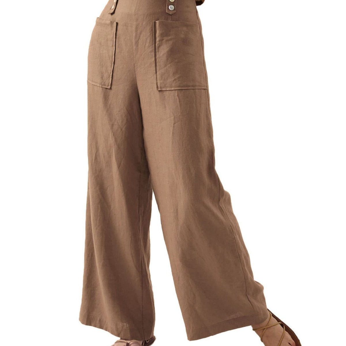Solid Color Button High Waist Wide Leg Casual Pants Women