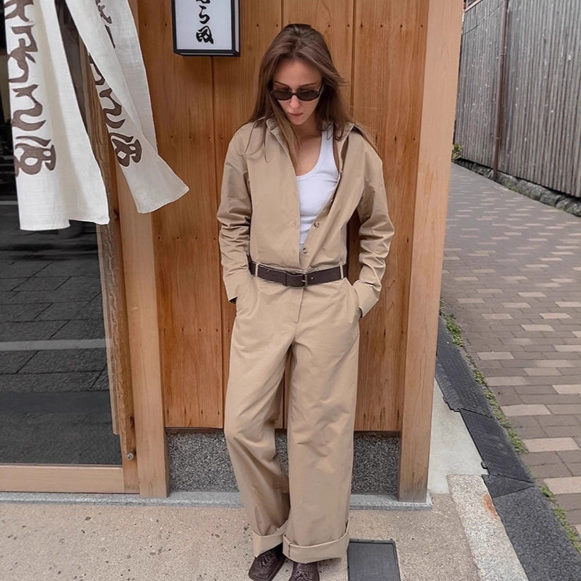 Autumn French Fashion Khaki Cargo Overalls