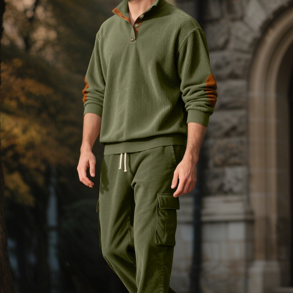 Corduroy Sweatshirt And Sweatpants Stand Collar Access Front View