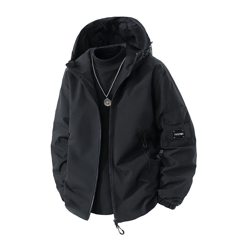 Brand Loose Cargo Windproof Jacket in black with hood, designed for comfort and protection in outdoor activities.