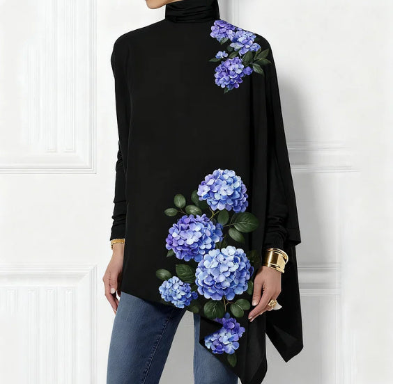 Women's Blue Hydrangea Print Turtleneck Tunic
