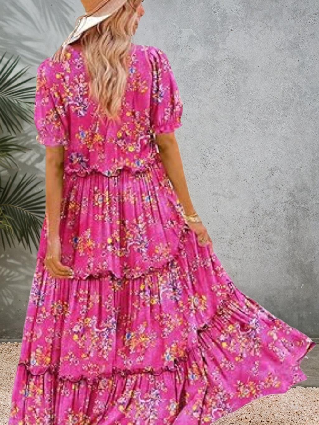2025 New Summer Casual Bohemian Flower Dress Women's Bubble Short Sleeve Long Dress With Pocket