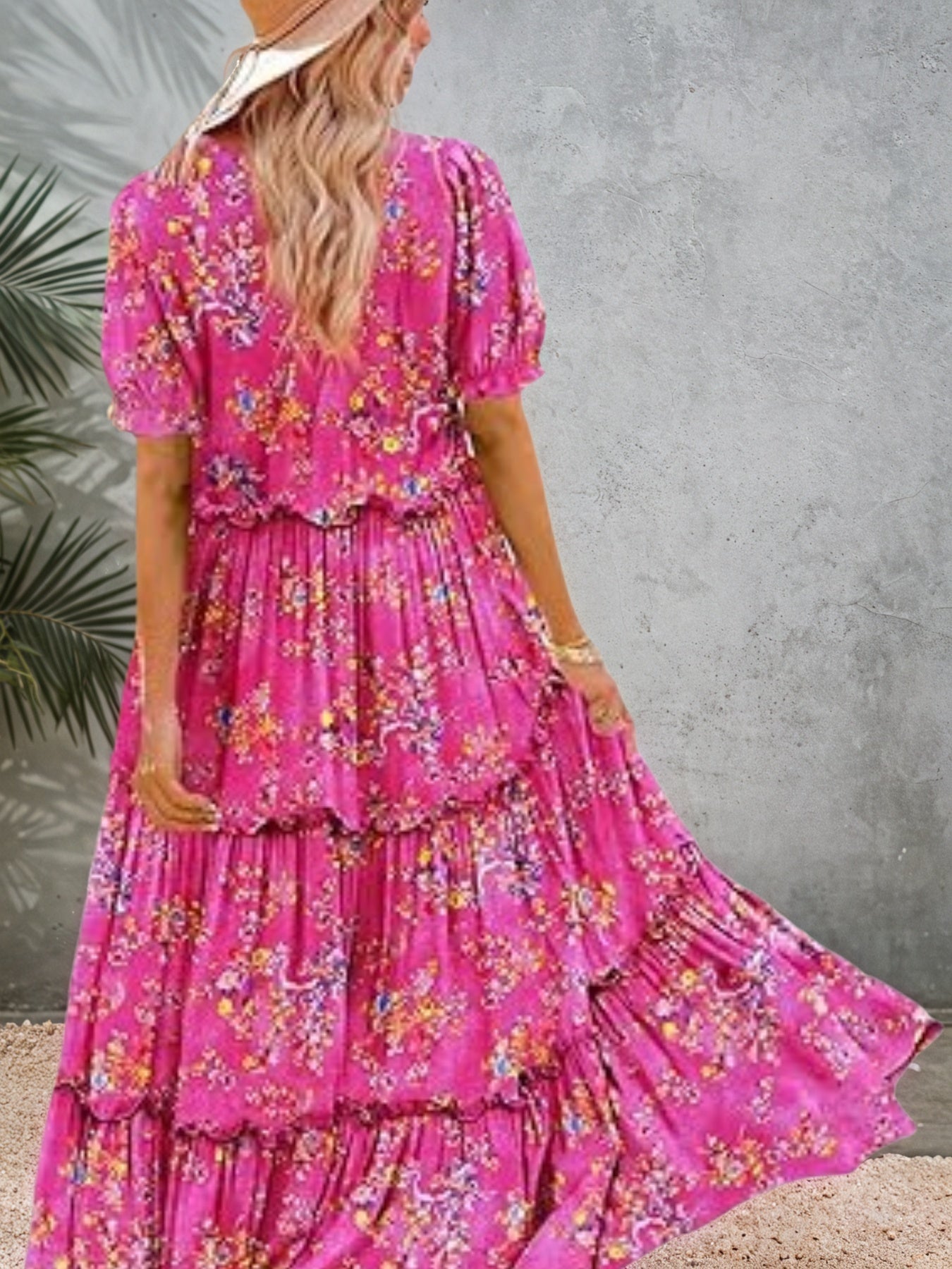 2025 New Summer Casual Bohemian Flower Dress Women's Bubble Short Sleeve Long Dress With Pocket