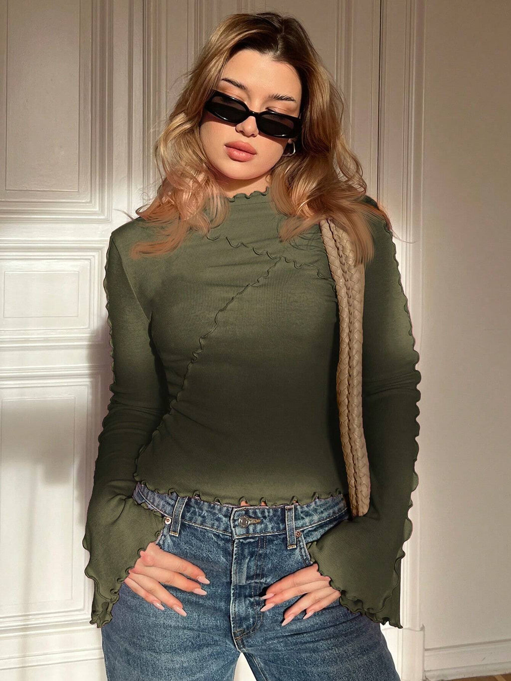 Asymmetric Turtleneck Flared Sleeves Long Sleeves