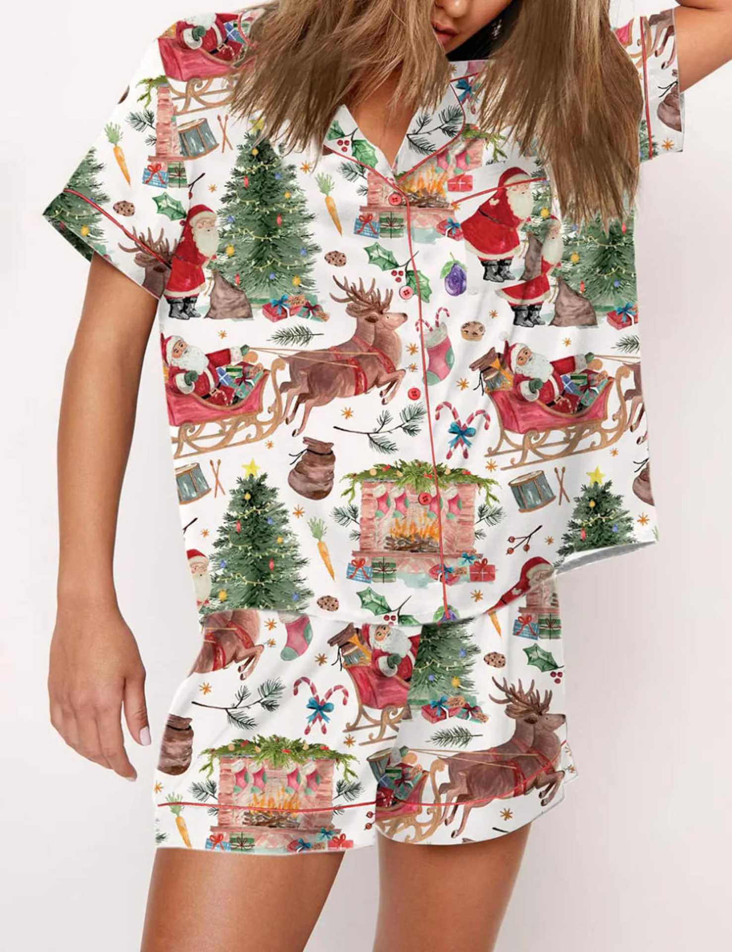 Autumn Christmas Digital Printing Lapel Short Casual Women Top Front View