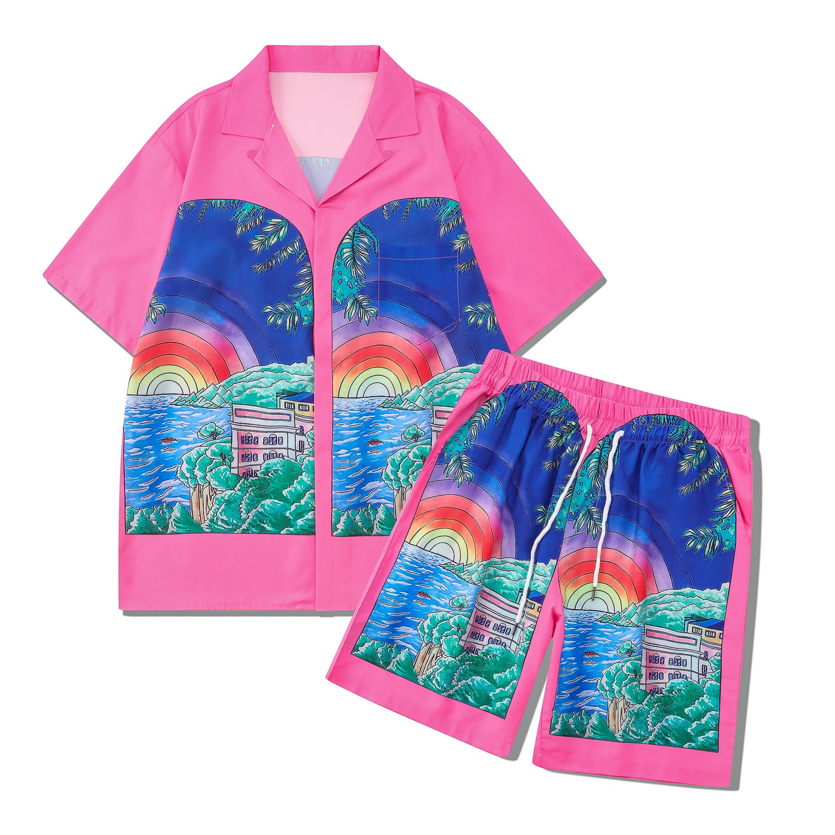 Beach Men And Women Short Sleeve Shirt Outfit back view