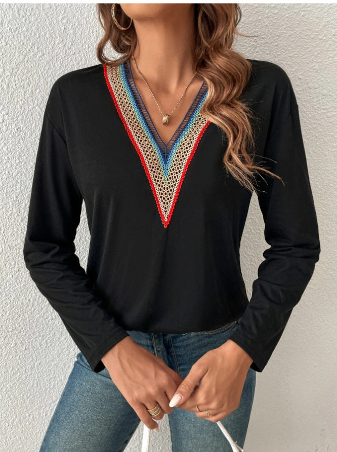 Autumn And Winter Lace Spliced V-neck Loose Long Sleeve
