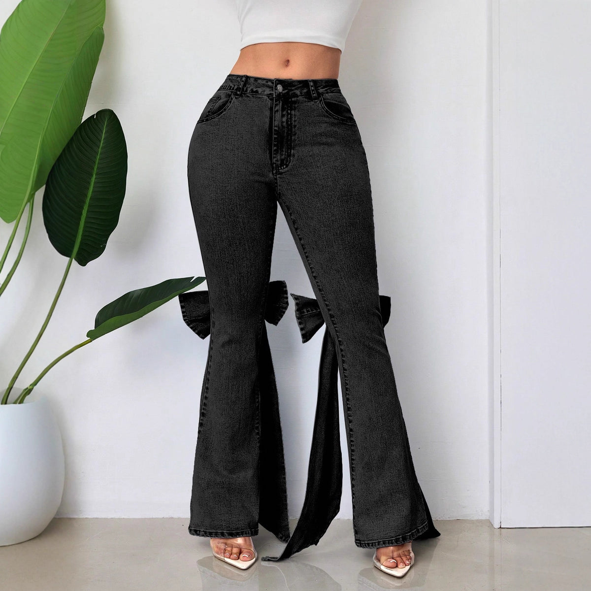 European And American Retro Three-dimensional Bow Slim-fit Mid-stretch Mop Horn Denim Trousers