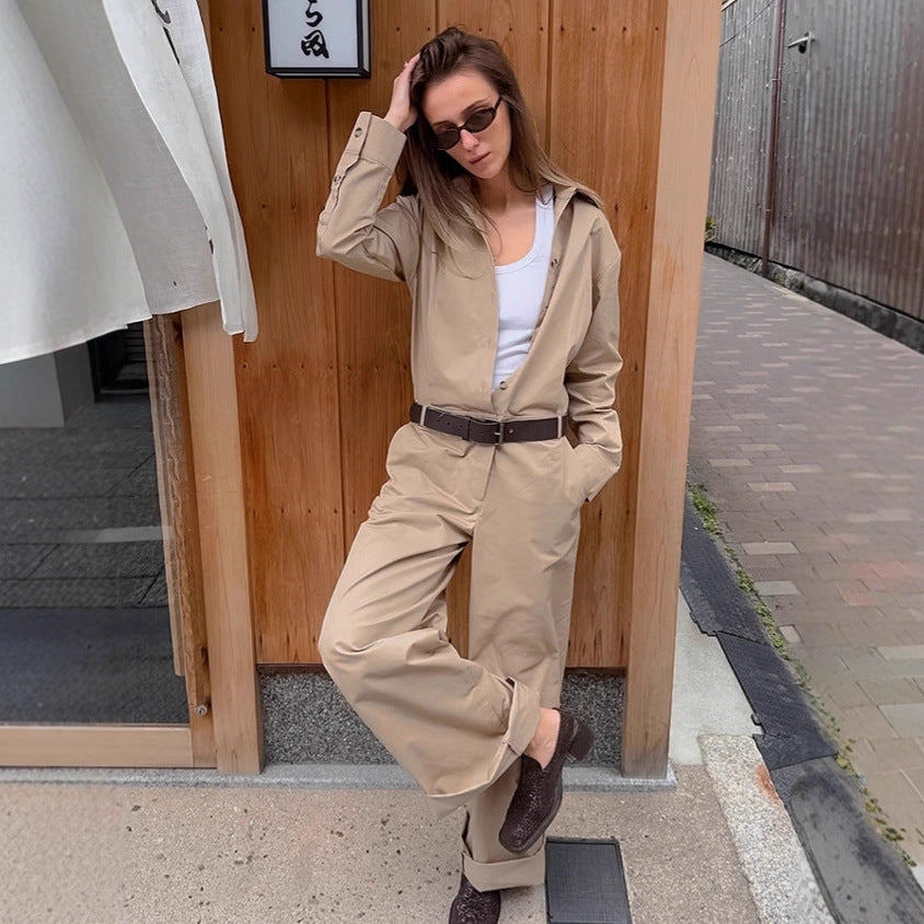Autumn French Fashion Khaki Cargo Overalls