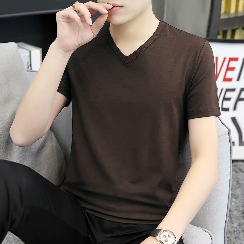 Mens Short-Sleeve V-Neck T-Shirt Summer Slim-Fit White All-Match Tee