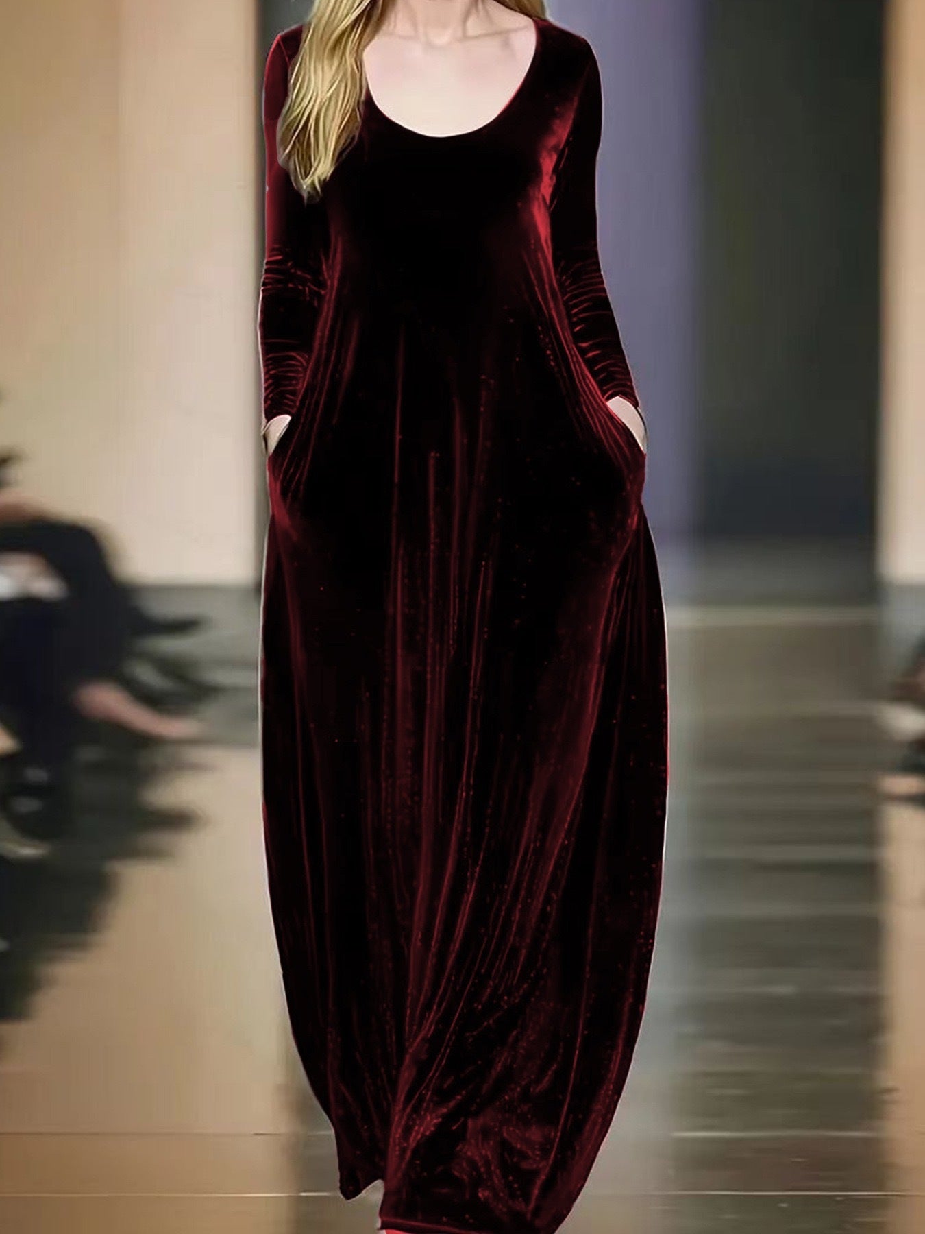 Autumn And Winter Gold Velvet Long Dress Round Neck