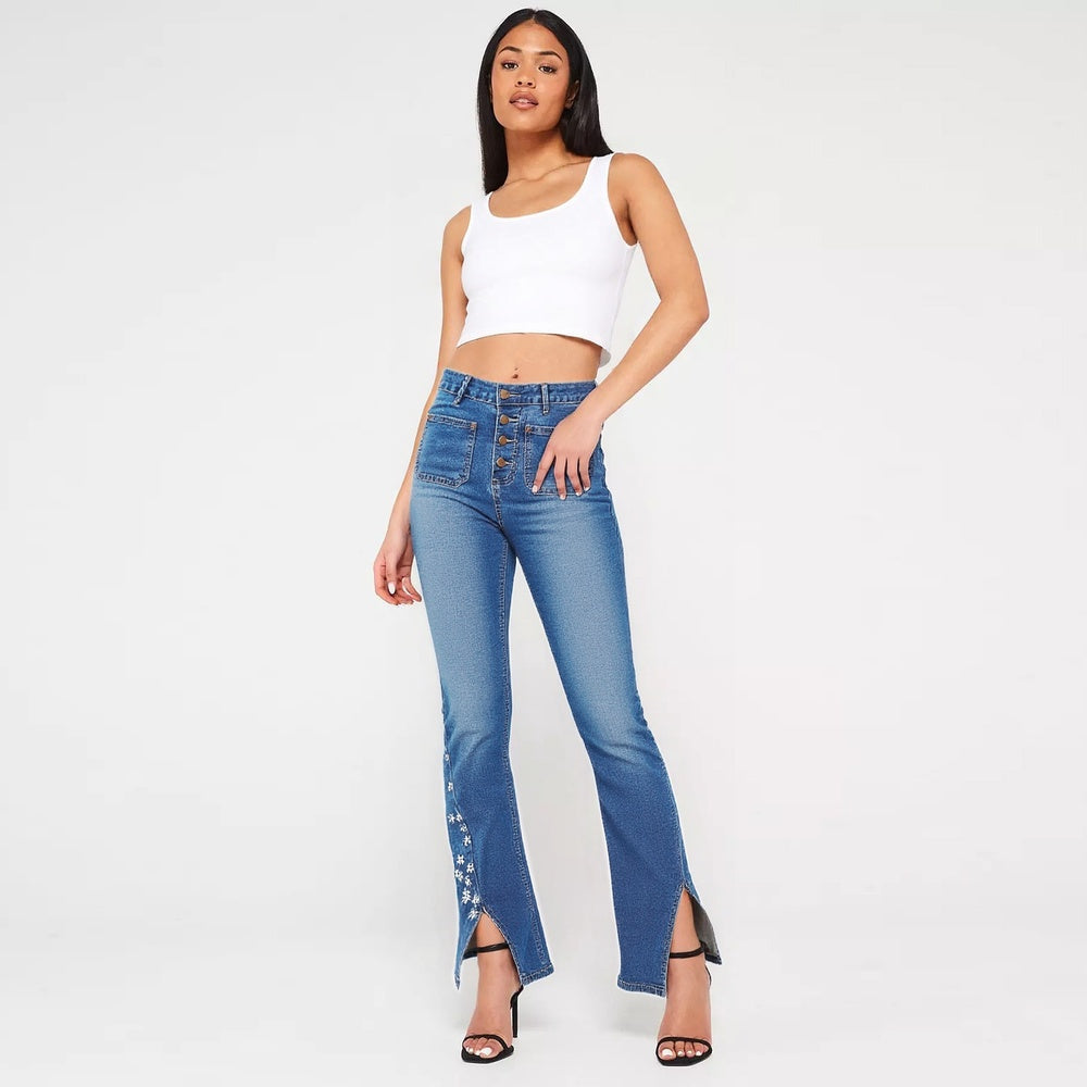 Women's High-Waist Star Patch Jeans, Wide-Leg Full-Length Jeans With A Retro Y2K Star, Light-Wash Denim For All Seasons.
