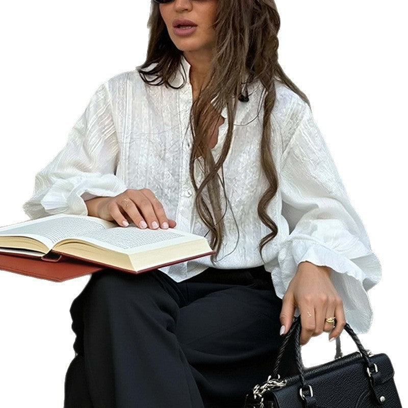 Bell Sleeve Lapel Long Sleeve High-grade White All-matching Shirt Coat
