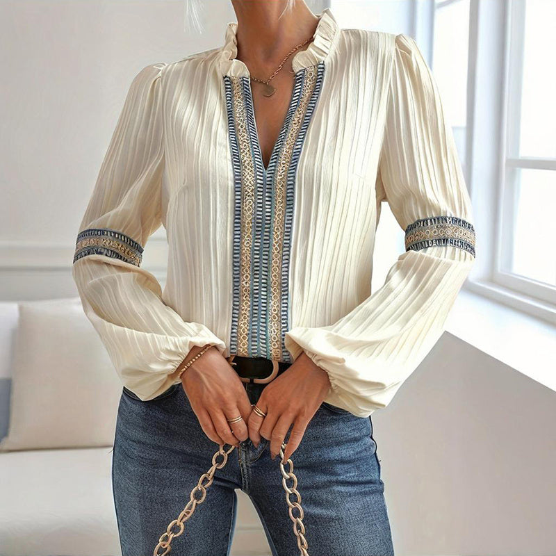 Boho Chic Colorblock Top, Women's Patchwork Blouse With V Neck And Lantern Sleeves
