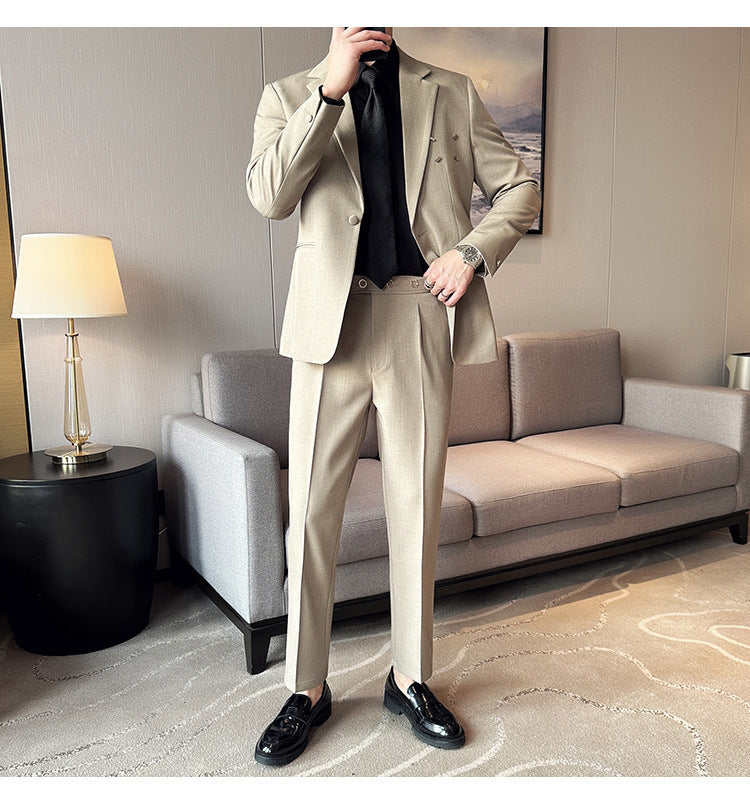 Slim-fit Thin One Button Casual Suit Jacket Men's in beige, perfect for casual outings and semi-formal occasions.
