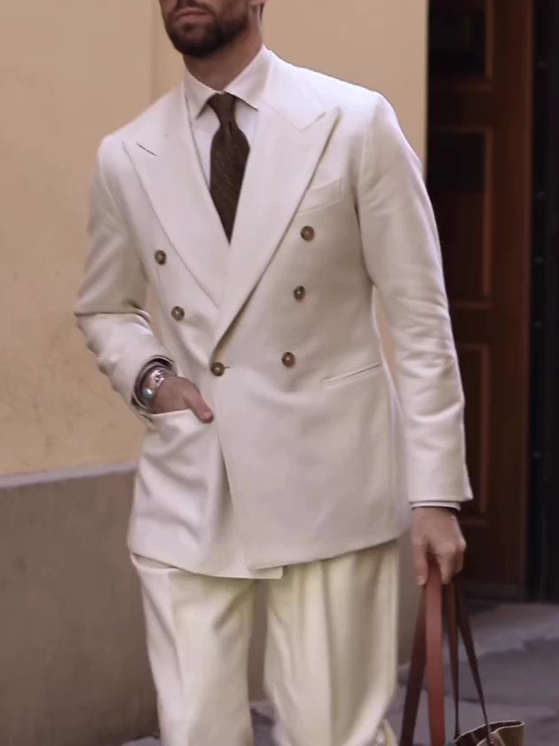 Cream Double-Breasted Men's Suit back view