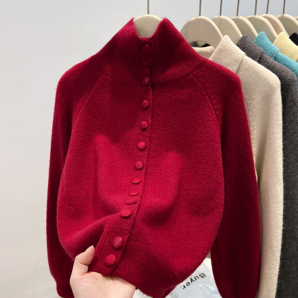 Women's Turtleneck Single-breasted Cardigan Loose And Lazy Style Knitted Sweater