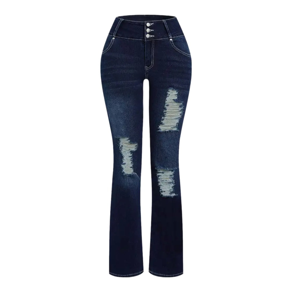 Women's Ripped Wide Leg Jeans, High Waisted Flare Fit With Distressed Details And Button Fly, Casual Stretch Denim Pants