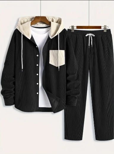 Men's Waffle Hooded Hoodie Trendy Two-piece Suit back view