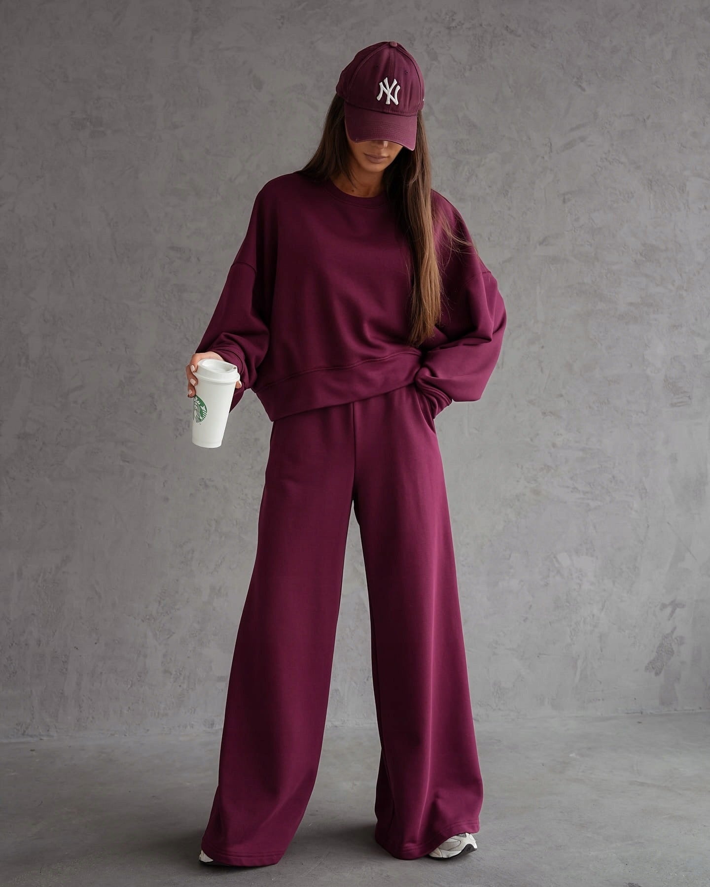 Autumn And Winter Round Neck Long Sleeve Wide Leg Pants back view