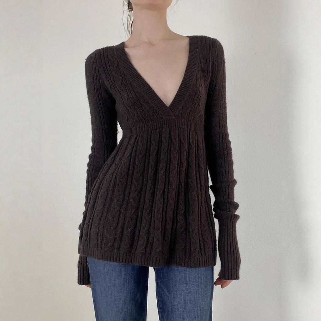 Retro Low-cut V-neck Casual Style Long Sleeve