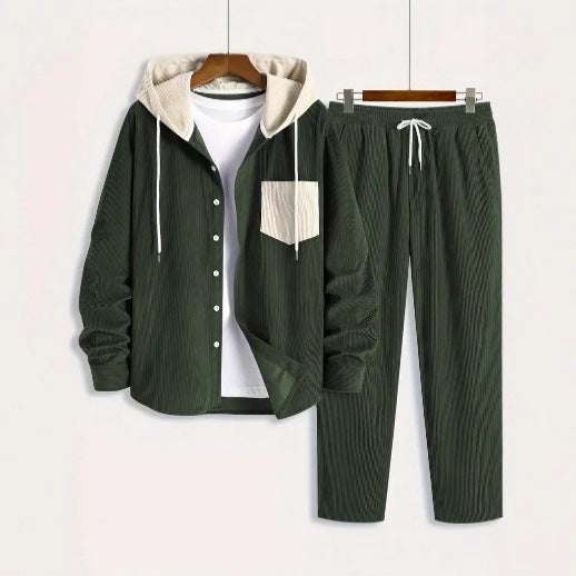 Men's Waffle Hooded Hoodie Trendy Two-piece Suit back view
