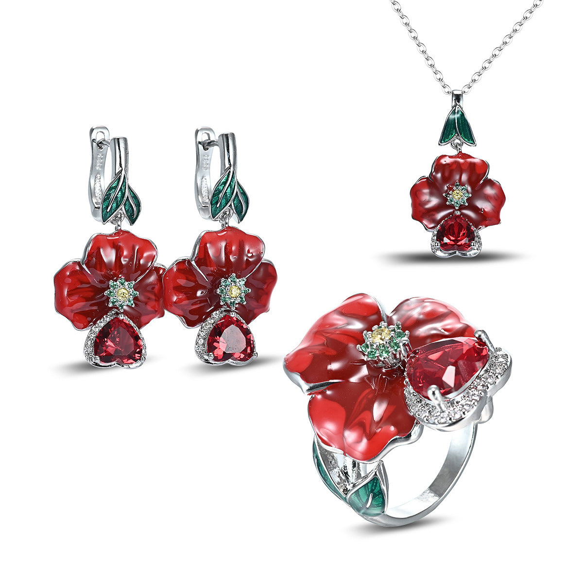 Love Heart-shaped Ring Enamel Epoxy Earrings Zircon Pendant Necklace Set