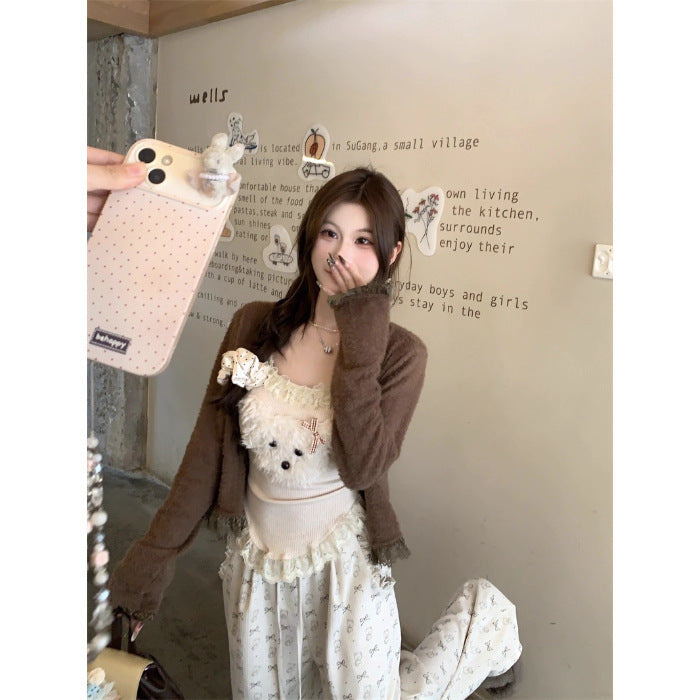 Bear Suspenders Coffee Color Cardigan Bow Pants Suit