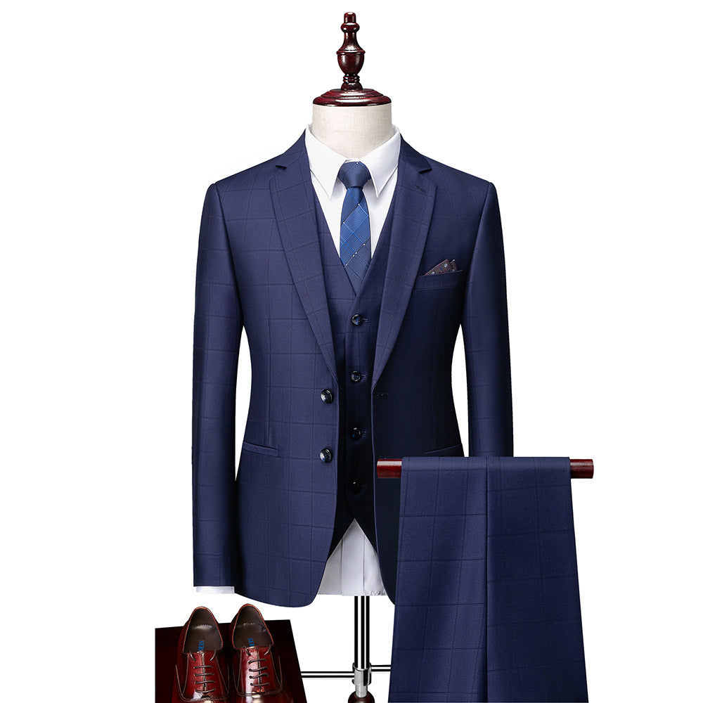 Men's Business Casual Plaid Slim Fit Suit Three-piece Suit full set