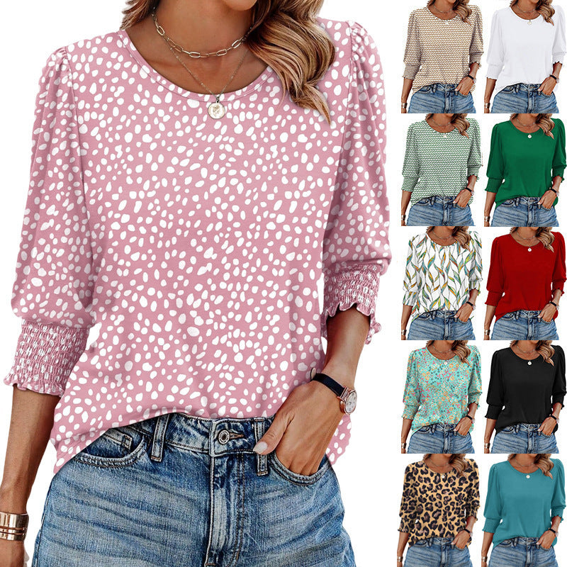Autumn Loose Casual Print Round Neck Top For Women